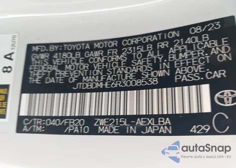 2024 Toyota Corolla Hybrid Le from USA, damaged, VIN JTDBDMHE6R3008538